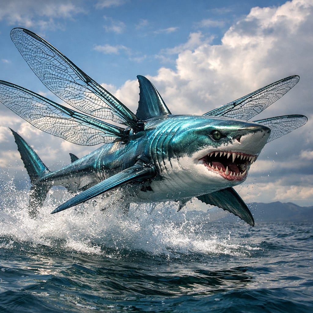 DragoShark, an AI-generated hybrid of the Dragonfly and the great white shark