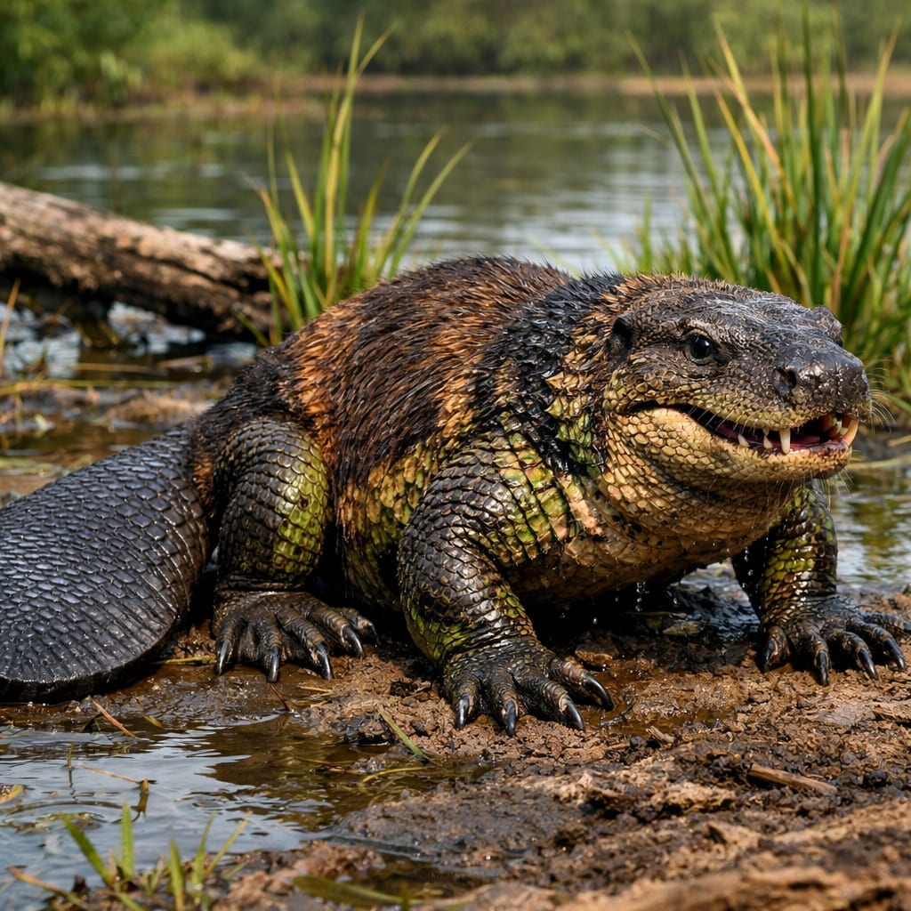 Beavodile, an AI-generated hybrid of the Komodo Dragon and the Beaver