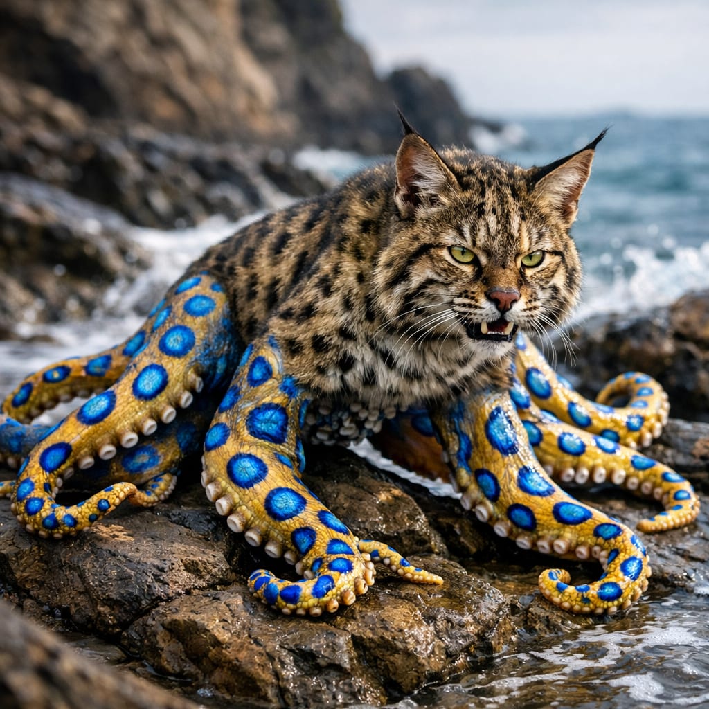 Bobctopus, an AI-generated hybrid of the Bobcat and the blue ring octopus