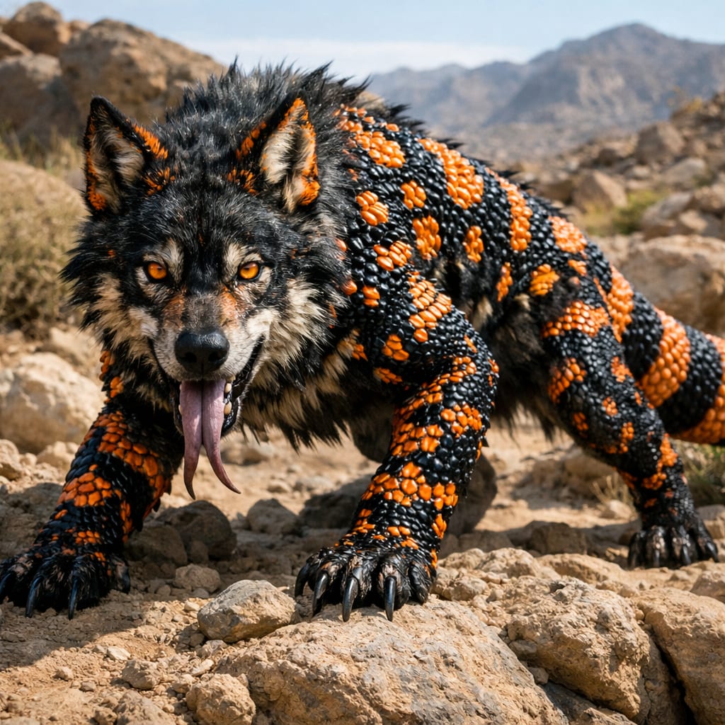 Wolfila, an AI-generated hybrid of Wolf and Gila monster
