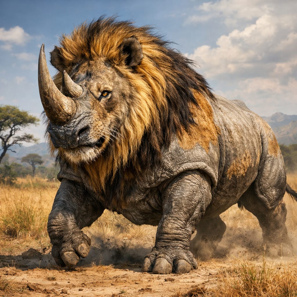 Rhonion, an AI-generated hybrid of Lion and Rhinoceros