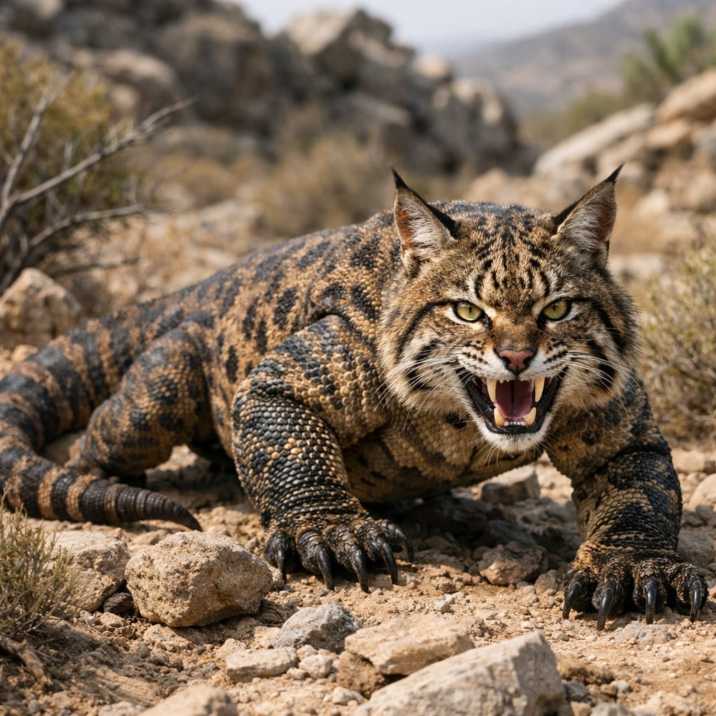 Komobcat, an AI-generated hybrid of the Komodo Dragon and the Bobcat