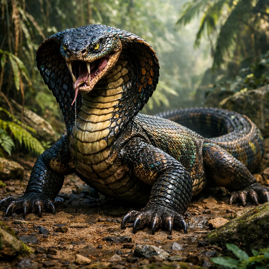 CobraDragon, an AI-generated hybrid of the Cobra and the Komodo Dragon