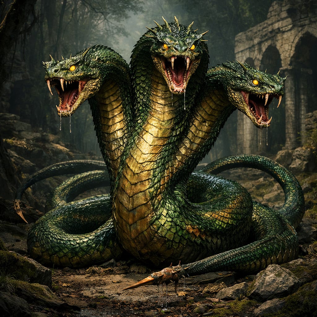 Basilberus, an AI-generated hybrid of the Basilisk and the Cerberus