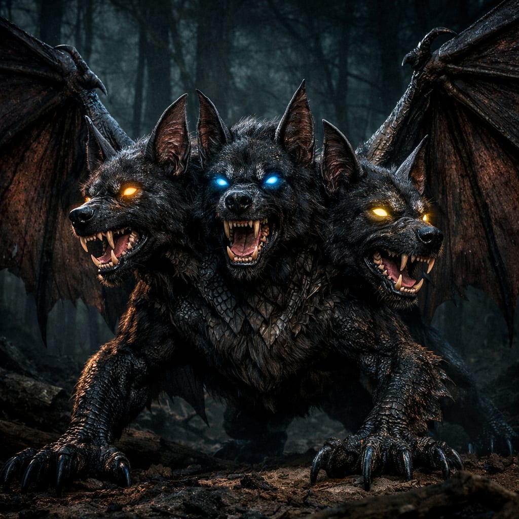 Batberus, an AI-generated hybrid of Bat and Cerberus