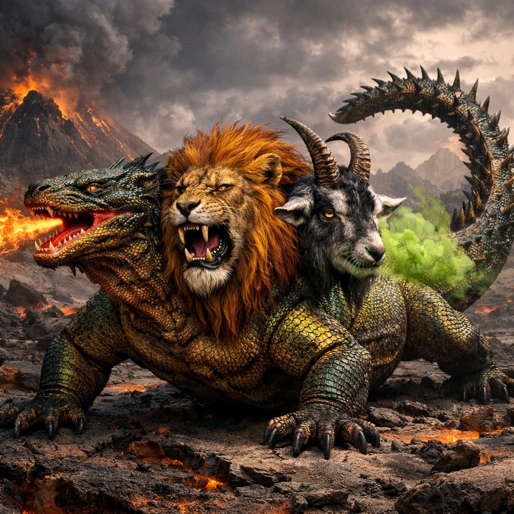 Chimera Komodon, an AI-generated hybrid of the Komodo Dragon and the Chimera