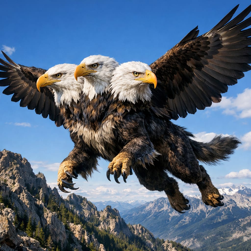 AquilaCerberus, an AI-generated hybrid of Bald Eagle and Cerberus