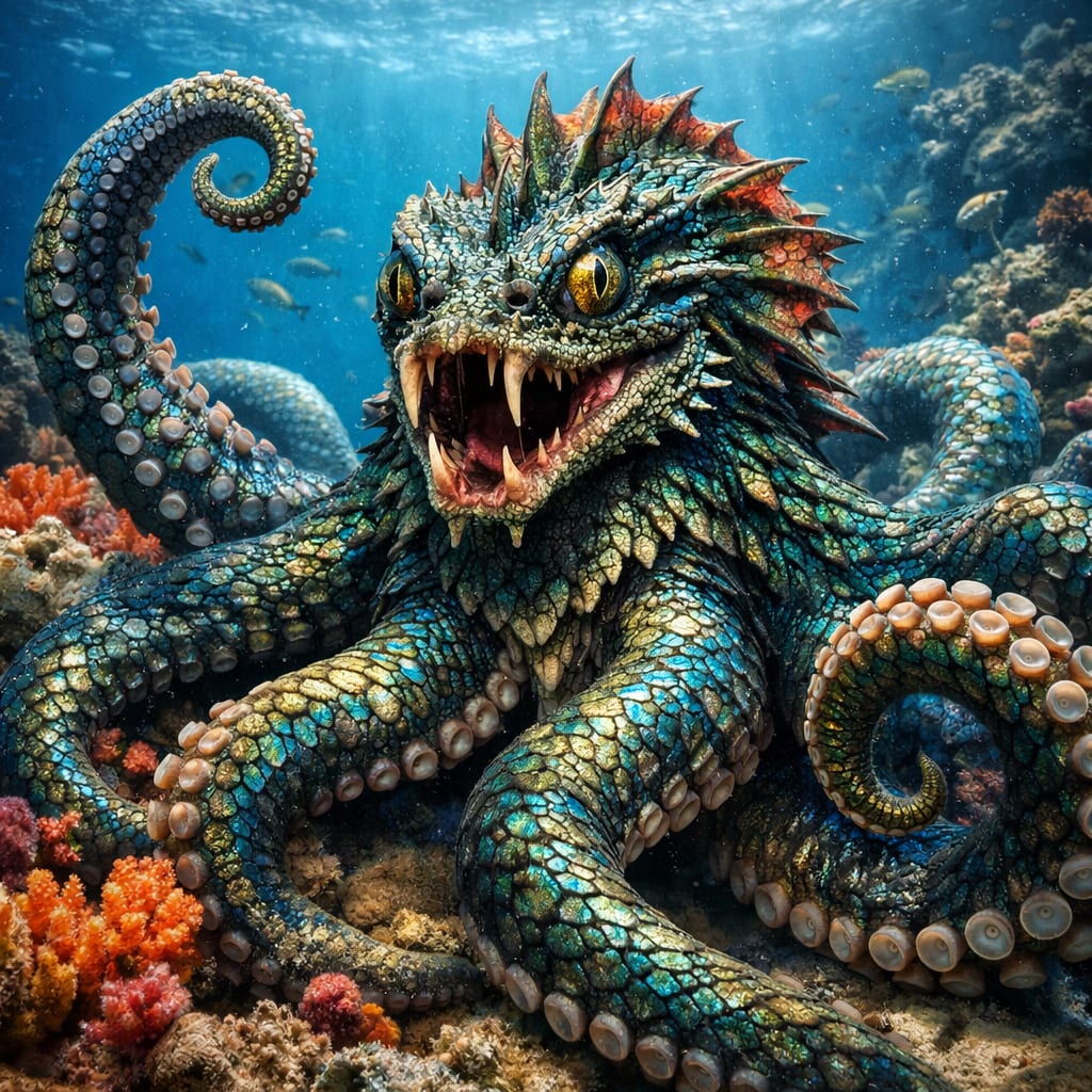 Octobasilisk, an AI-generated hybrid of Octopus and Basilisk