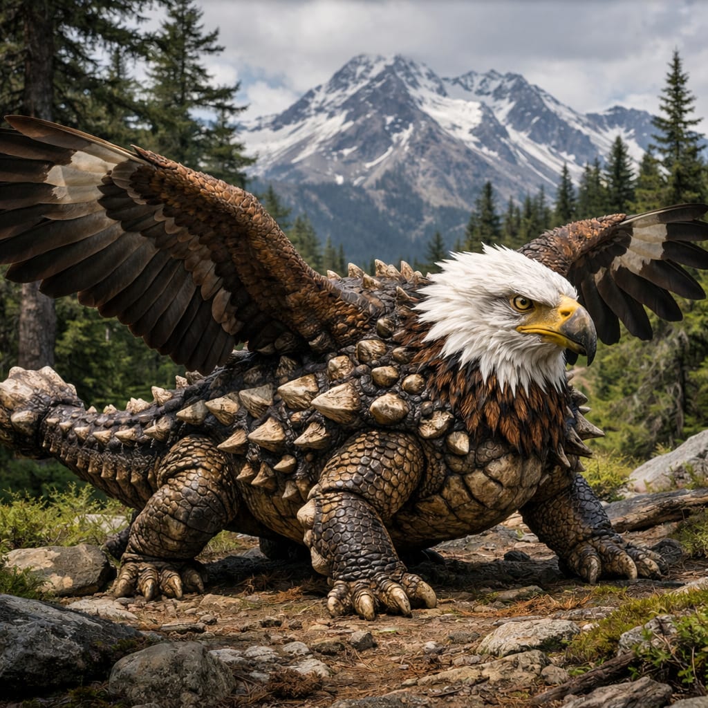 Ankylagle, an AI-generated hybrid of the Ankylosaurus and the Bald Eagle