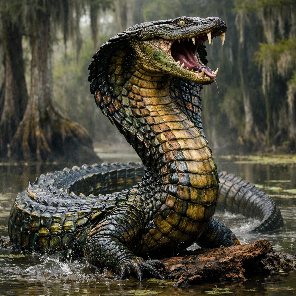 CobraGator, an AI-generated hybrid of the Alligator and the Cobra