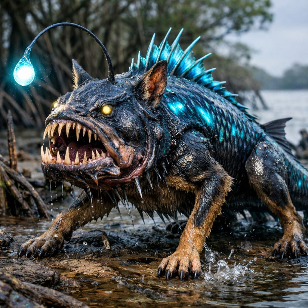 Dinglerfish, an AI-generated hybrid of the Anglerfish and the Dingo