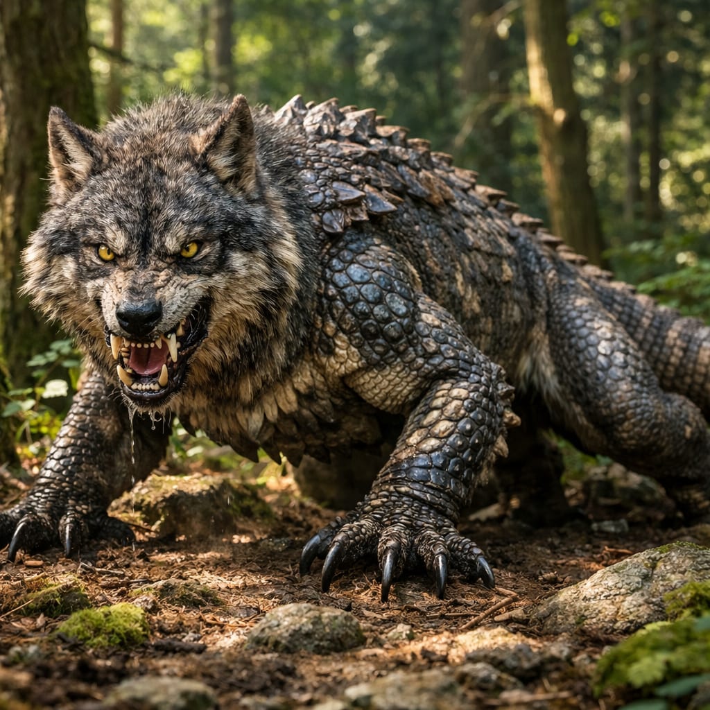 Wolfodo Dragon, an AI-generated hybrid of the Wolf and the Komodo Dragon