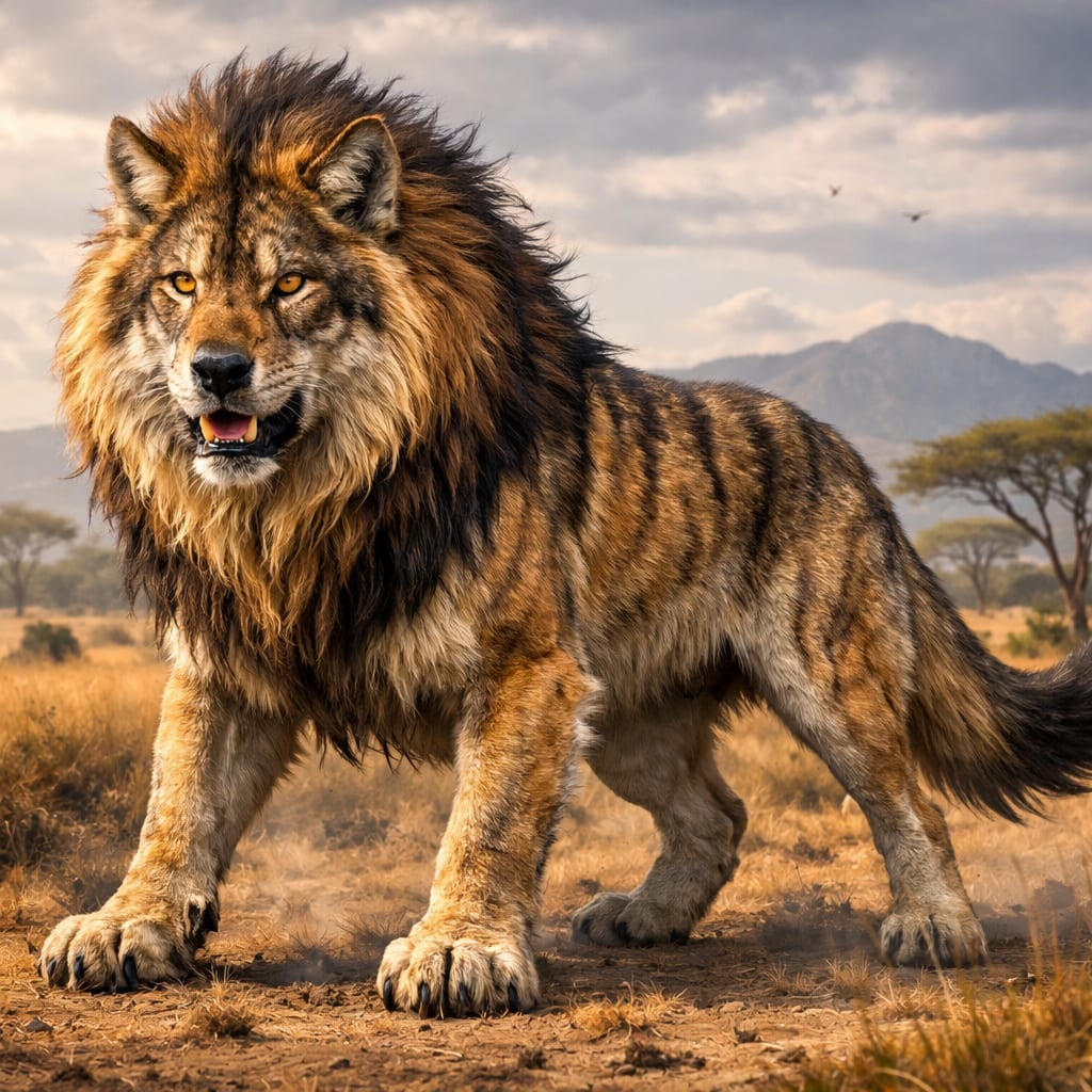 Luplion, an AI-generated hybrid of the Wolf and the Lion