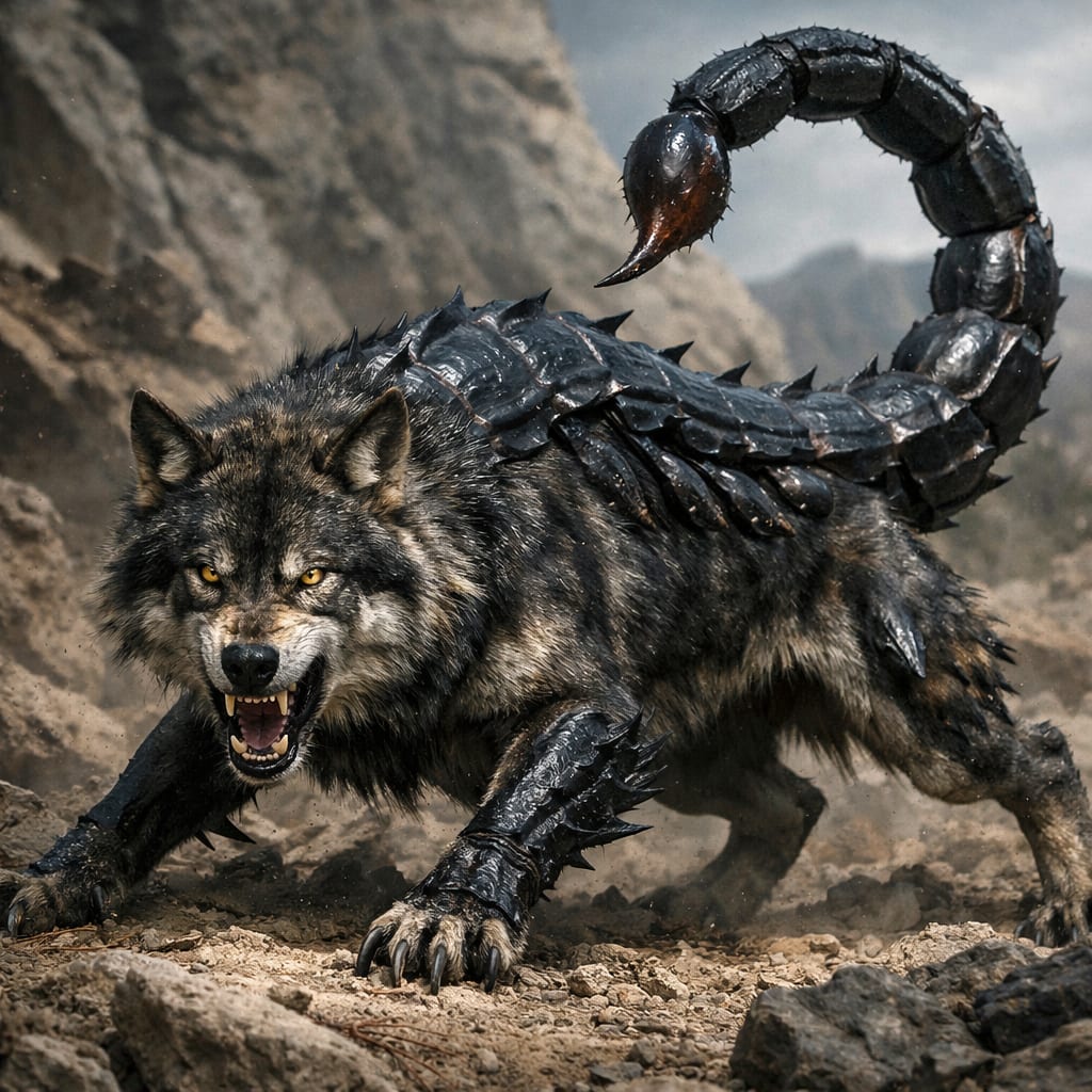 Wolfcorpius, an AI-generated hybrid of the Wolf and the Scorpion