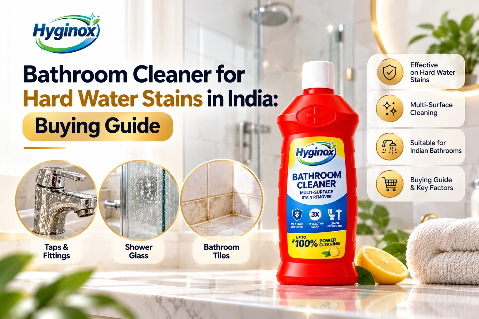 Bathroom cleaner being used on water marks near a chrome tap and ceramic bathroom tiles