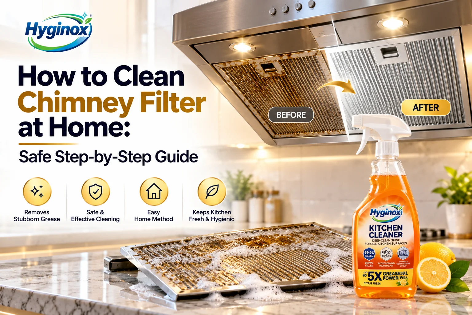 Washable kitchen chimney metal filter being cleaned in warm soapy water beside a soft brush and microfiber cloth