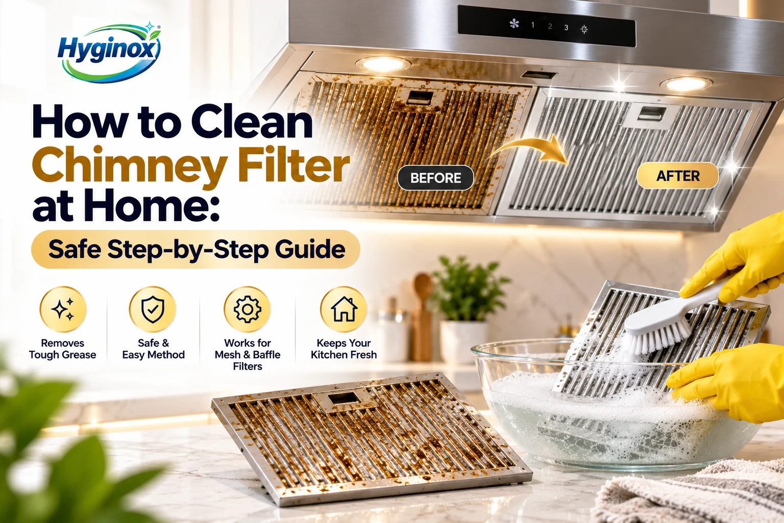 भारतीय रसोई में किचन चिमनी का washable metal filter गुनगुने साबुन वाले पानी में साफ करते हुए