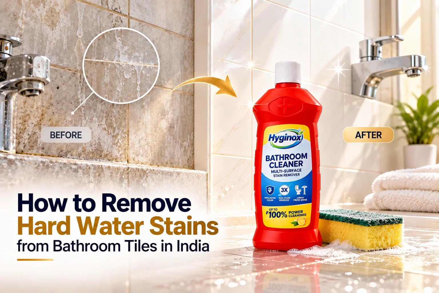 Removing white hard water stains from bathroom tiles with a soft sponge and tile-safe cleaner in an Indian bathroom
