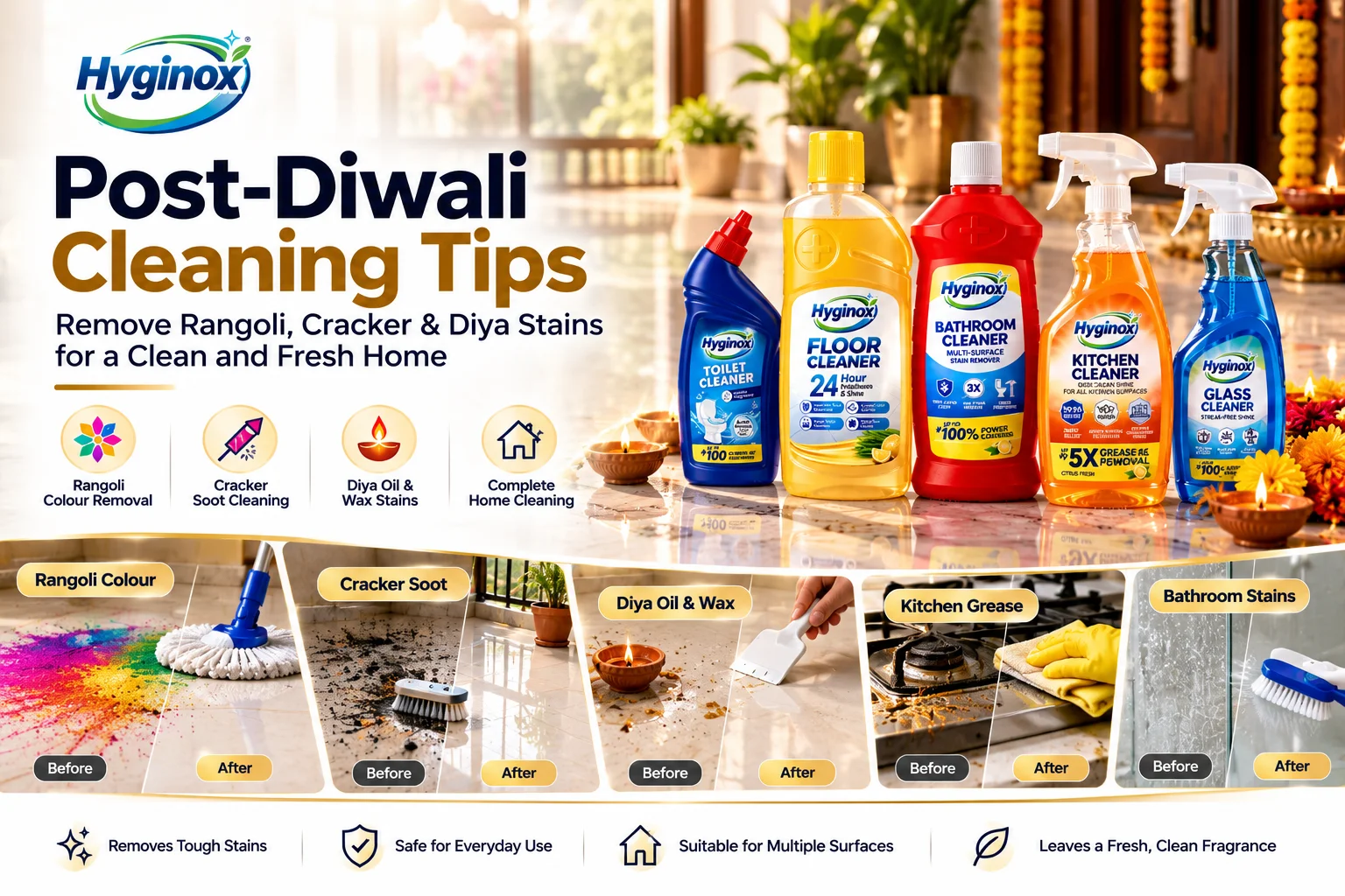 Clean tiled balcony floor after Diwali with a mop, bucket and cleaning supplies