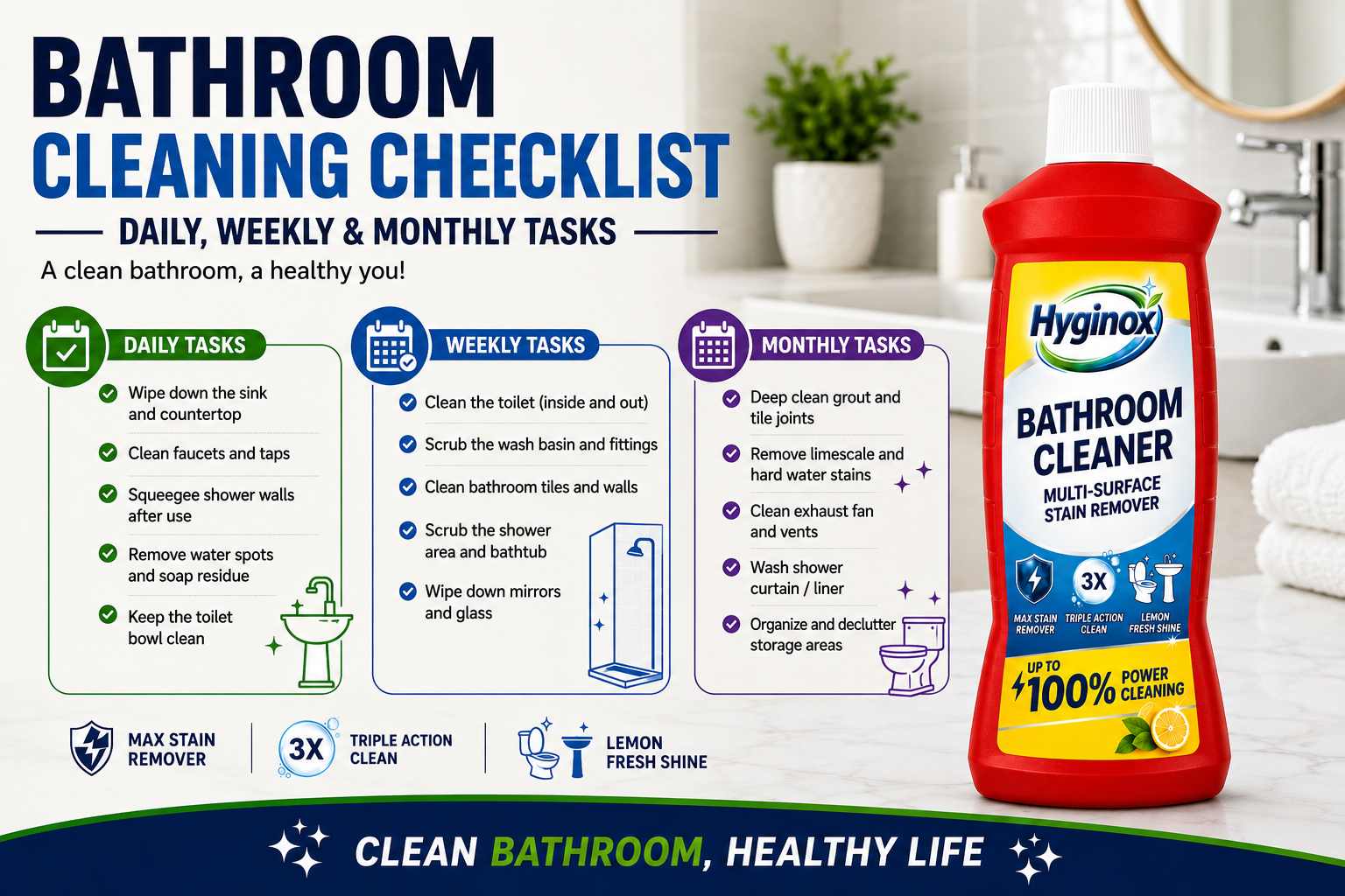 Clean modern bathroom showing the sink, shower, and tiled surfaces used in a bathroom cleaning checklist.
