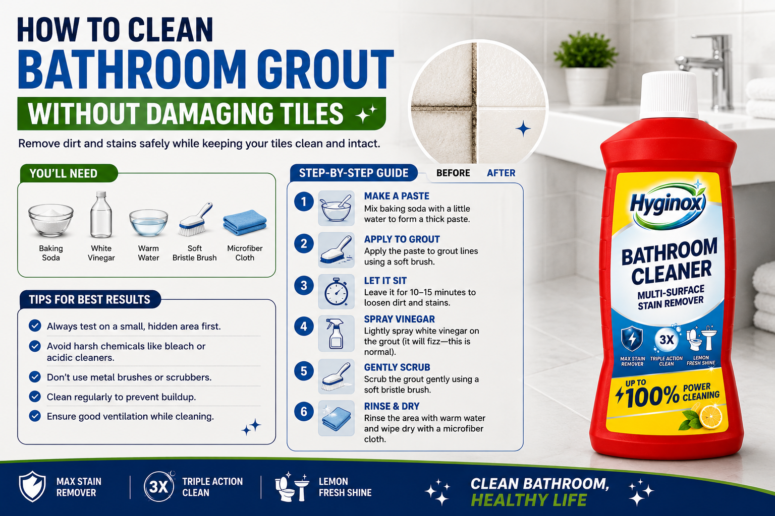 Close-up of bathroom tile grout being cleaned carefully.