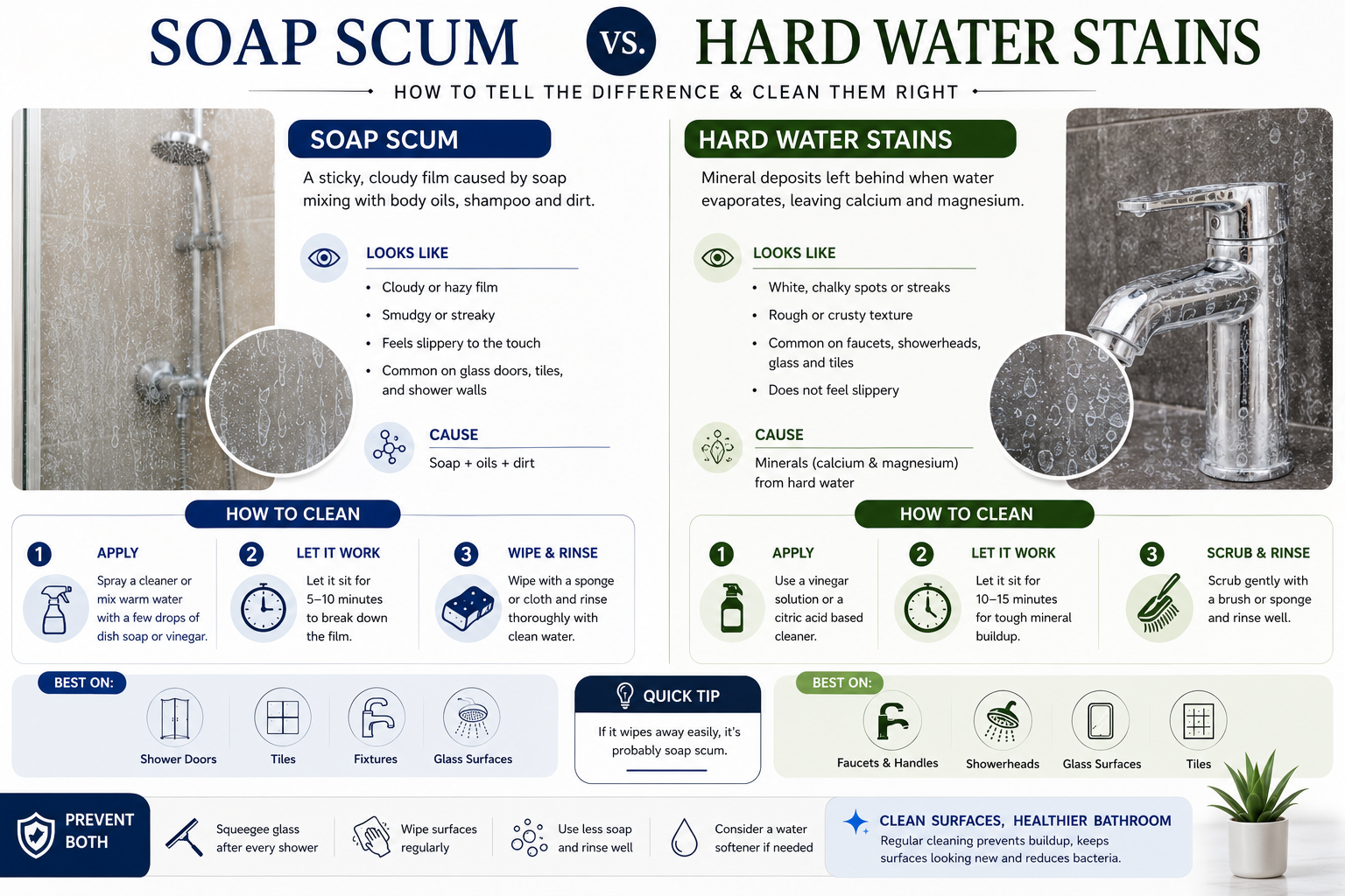 Bathroom tiles and glass showing soap scum and hard water stain buildup.