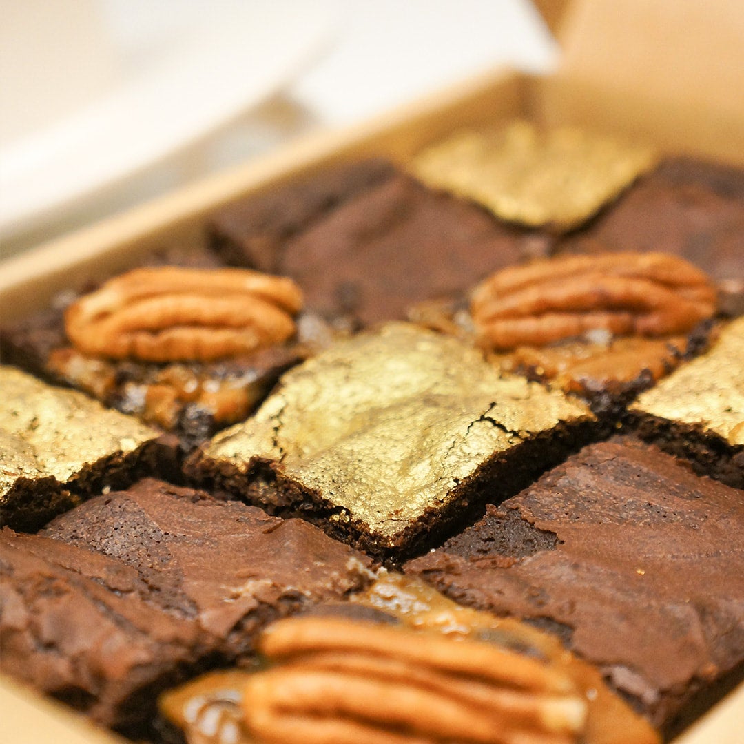 Gold-dusted Champagne, Toasted Pecan & Salted Caramel, Triple Chocolate Brownies