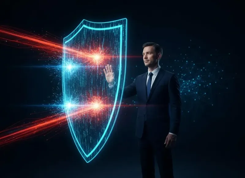 AI shield protecting a financial network from cyber threats