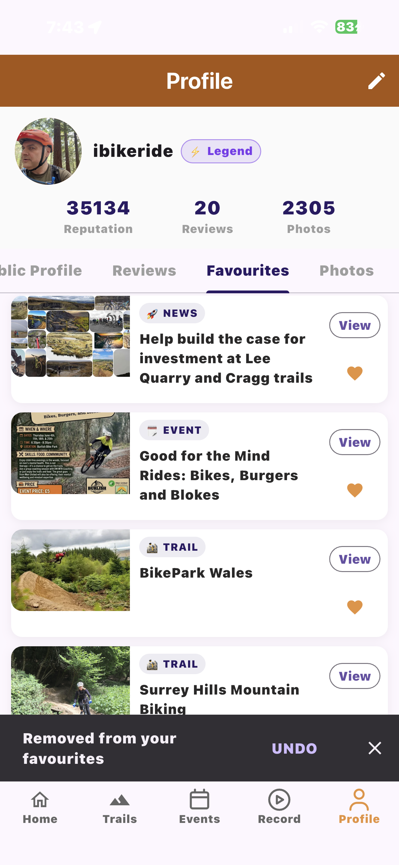 Saved items screen