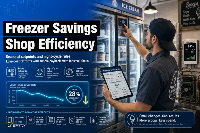 Freezer energy savings for small shops: seasonal setpoints, night‑cycle rules and low‑cost retrofits with payback math