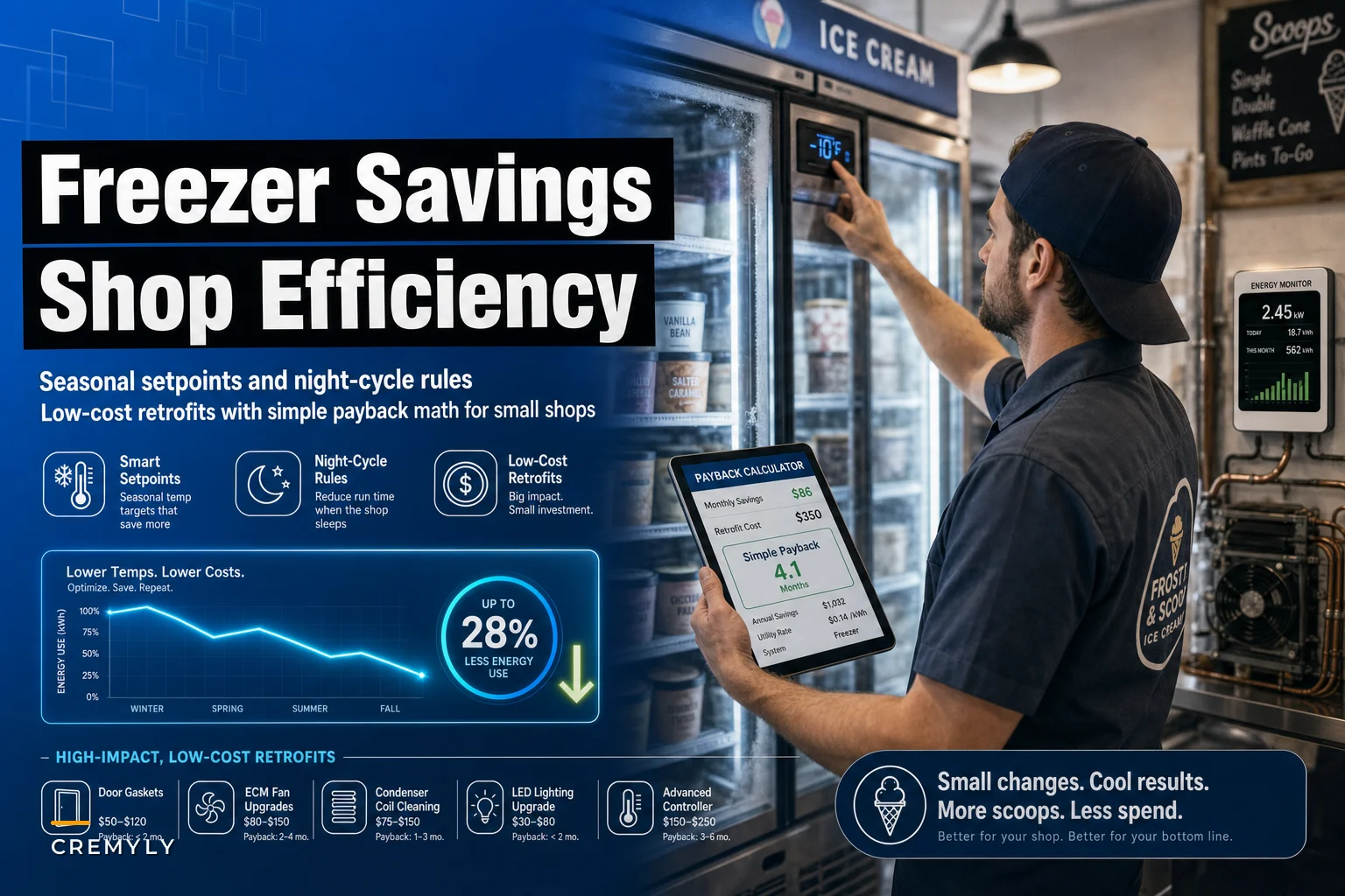Freezer energy savings for small shops: seasonal setpoints, night‑cycle rules and low‑cost retrofits with payback math