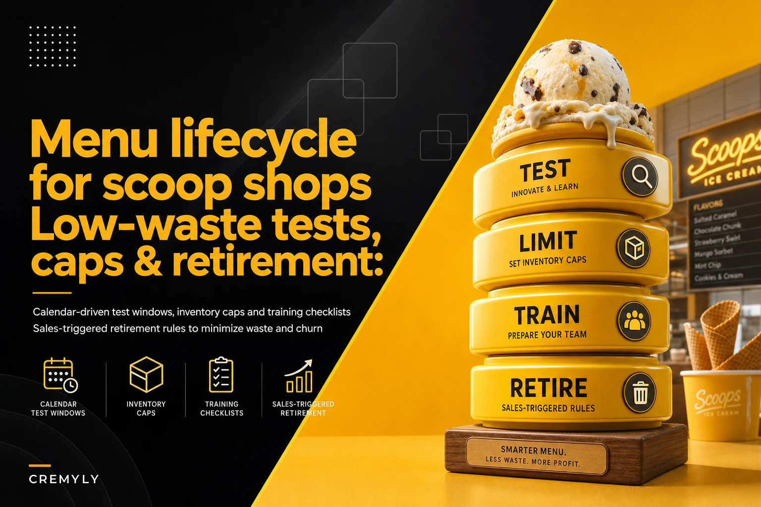Menu lifecycle for scoop shops: run low-waste test windows, cap inventory and retire flavors on explicit sales triggers