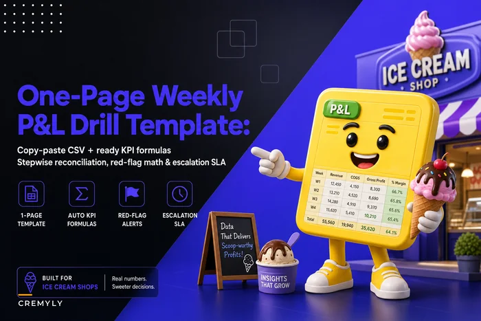 One‑Page Weekly P&L Drill Template (copy‑paste CSV + KPI formulas, reconciliation checklist, SLAs and worked math example)