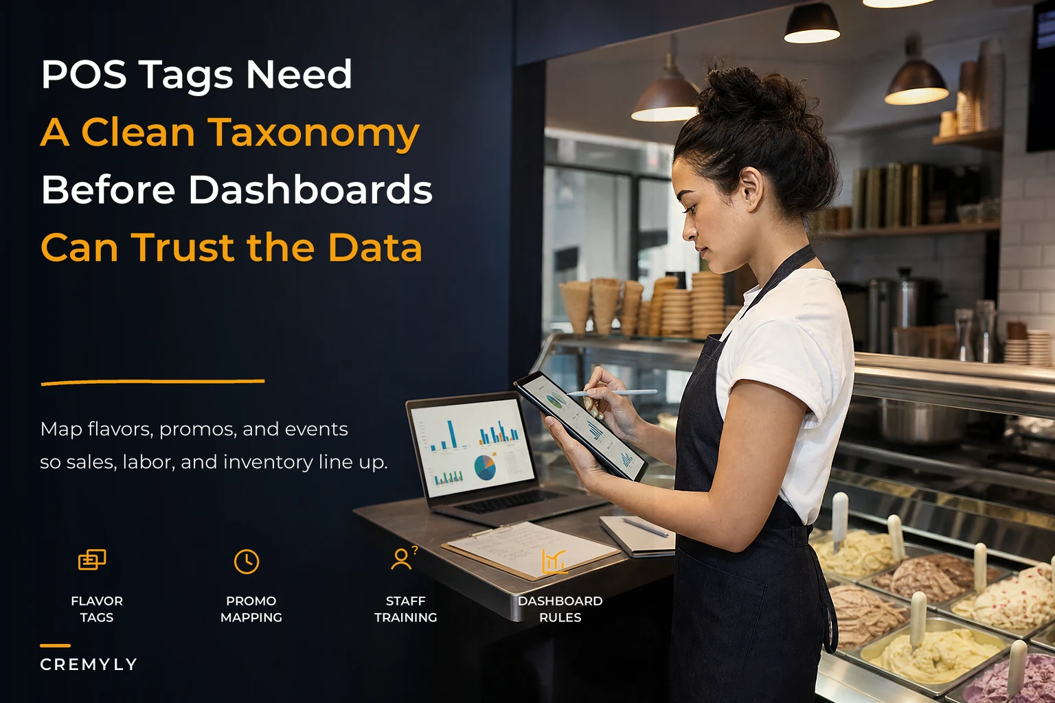 Operational data taxonomy for scoop shops: POS tagging, promotion mapping and dashboard rules