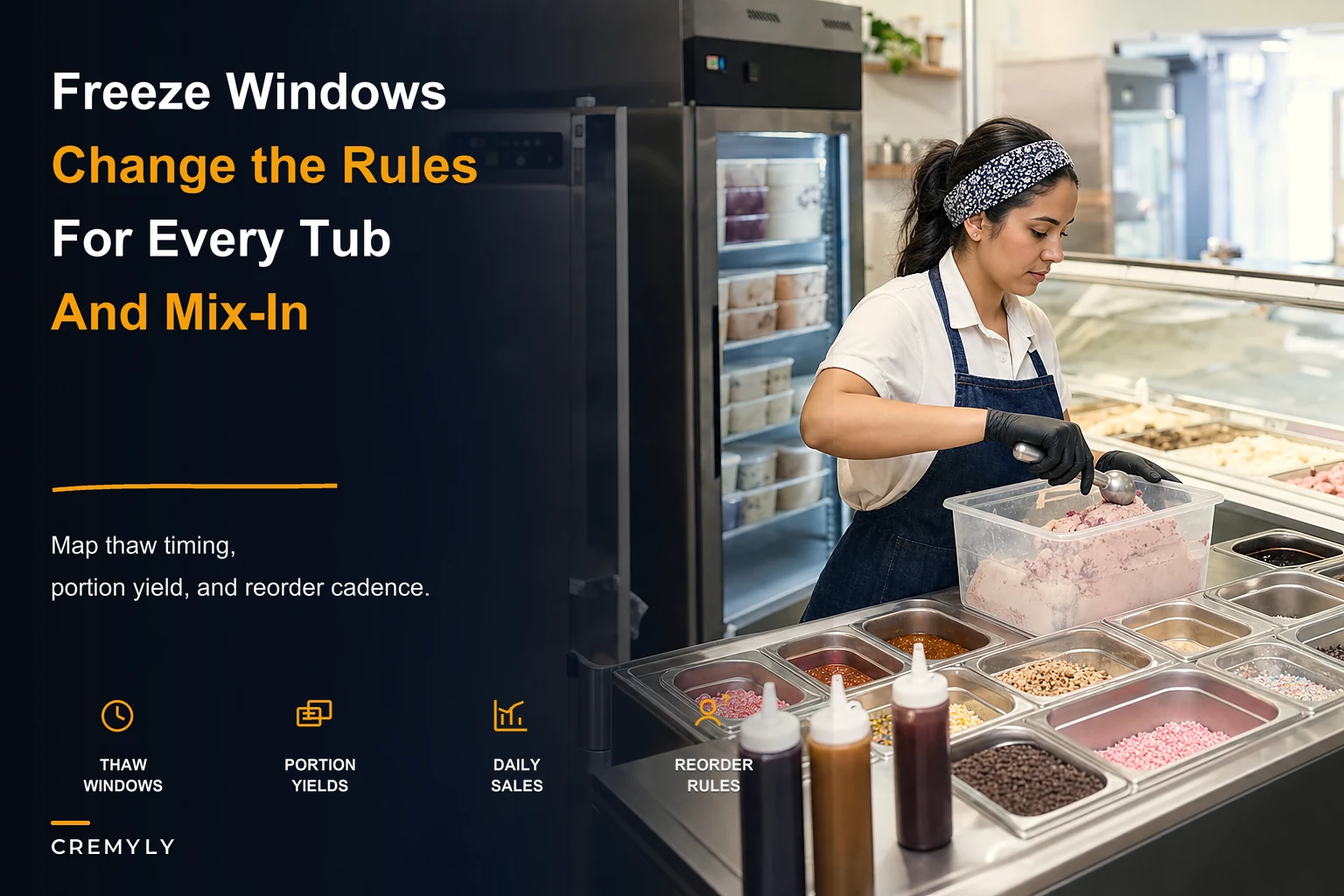 Perishable inventory system for frozen dessert shops: freeze/thaw windows, portion yields and reorder rules