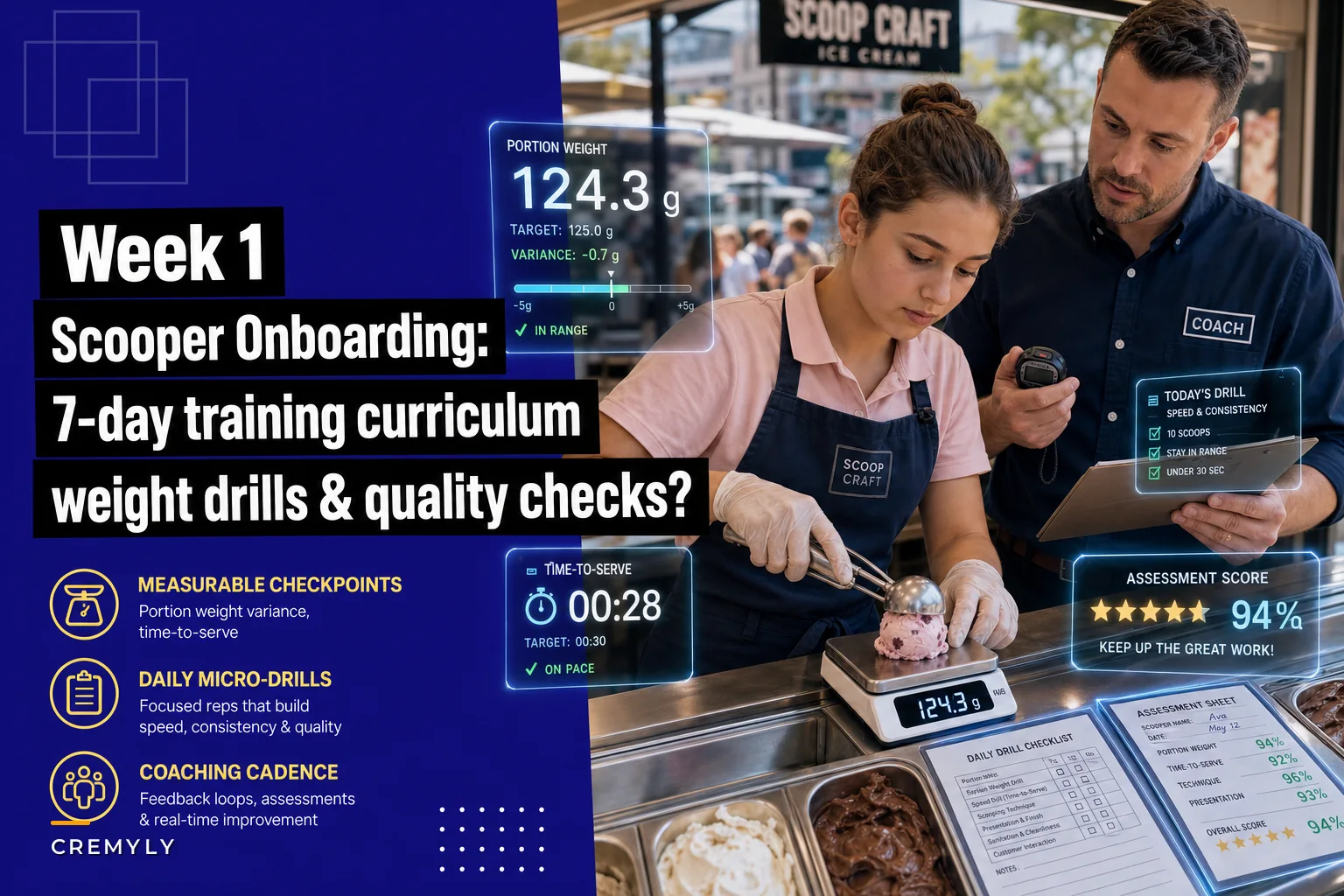 Week-1 scooper onboarding: a 7-day curriculum with weight drills and quality checks