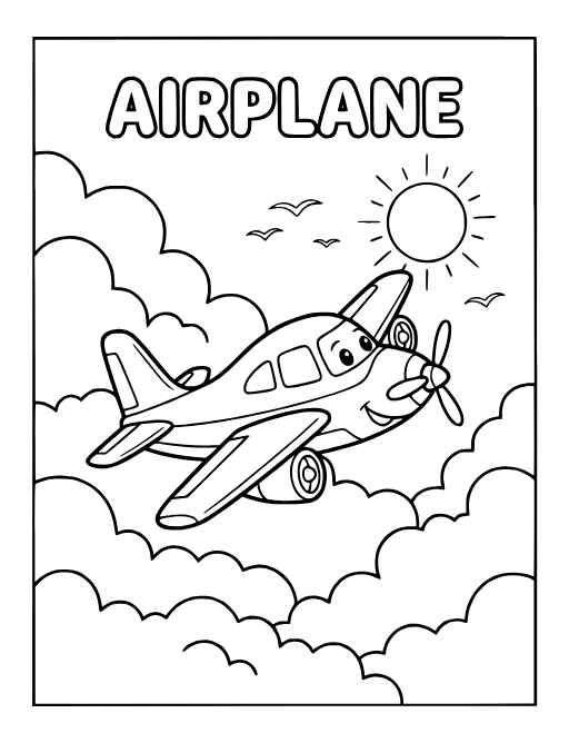 Airplane Fluffy Clouds coloring page: An airplane flying through fluffy clouds,