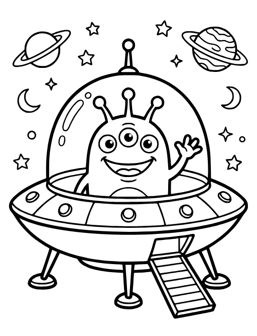 Alien Flying Saucer coloring page: A cute three-eyed alien waving from a flying saucer