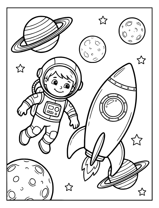 Astronaut Floating coloring page: An astronaut floating in space next to a rocket ship,