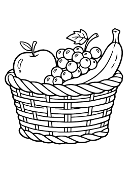 Basket of Fruit coloring page: A basket holding an apple banana and grapes.