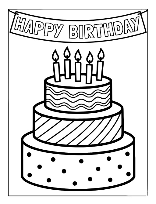 Birthday Cake coloring page: A tiered birthday cake with candles