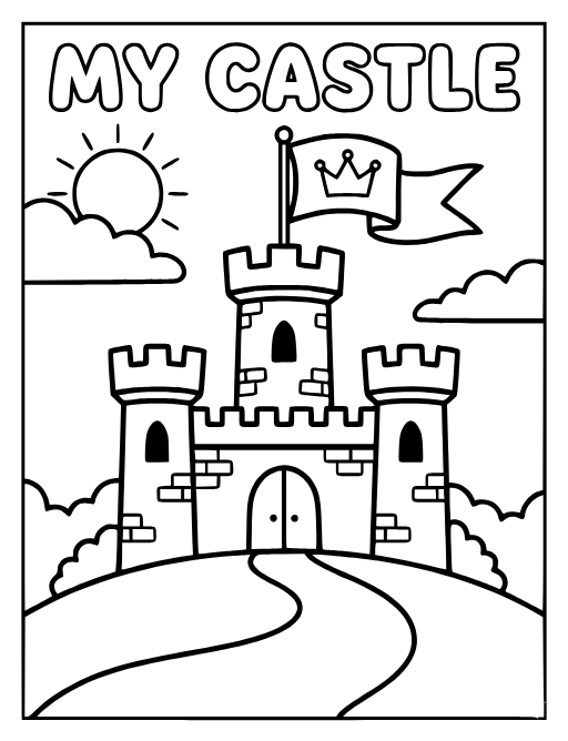 Castle on a Hill coloring page: A stone castle on a hill with a flag flying