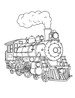 Chugging Train coloring page: A steam engine train puffing smoke.