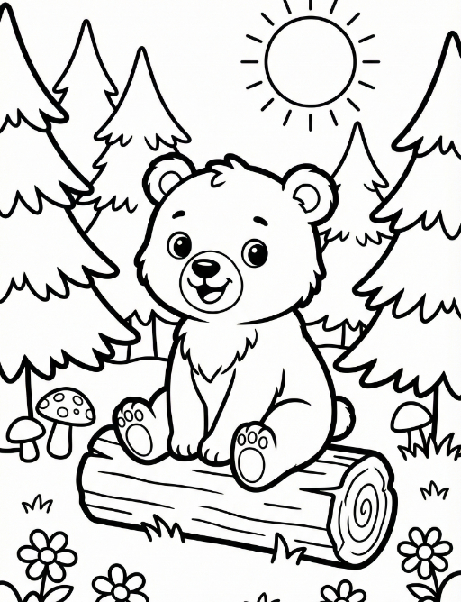 Cute Baby Bear coloring page: Cute Baby Bear Sitting on a Log.