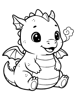 Cute Baby Dragon coloring page: A small dragon sitting and breathing a puff of smoke.