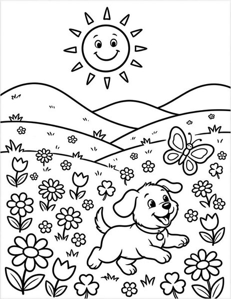Playful Puppy coloring page: A happy puppy chases a butterfly across a sunny flower meadow.