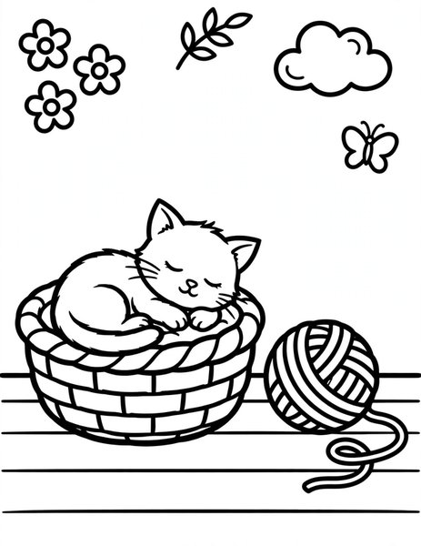 Sleepy Kitten coloring page: A tiny kitten naps curled up in a cozy basket.