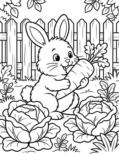 Bunny Breakfast coloring page: A fluffy bunny munches a carrot in the garden.
