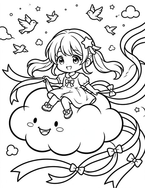 Star Hairpin Ride coloring page: An anime girl rides a fluffy cloud with a star hairpin.