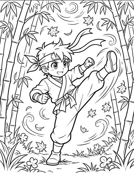 Ninja Kid Training coloring page: A little ninja practices moves in a bamboo forest.